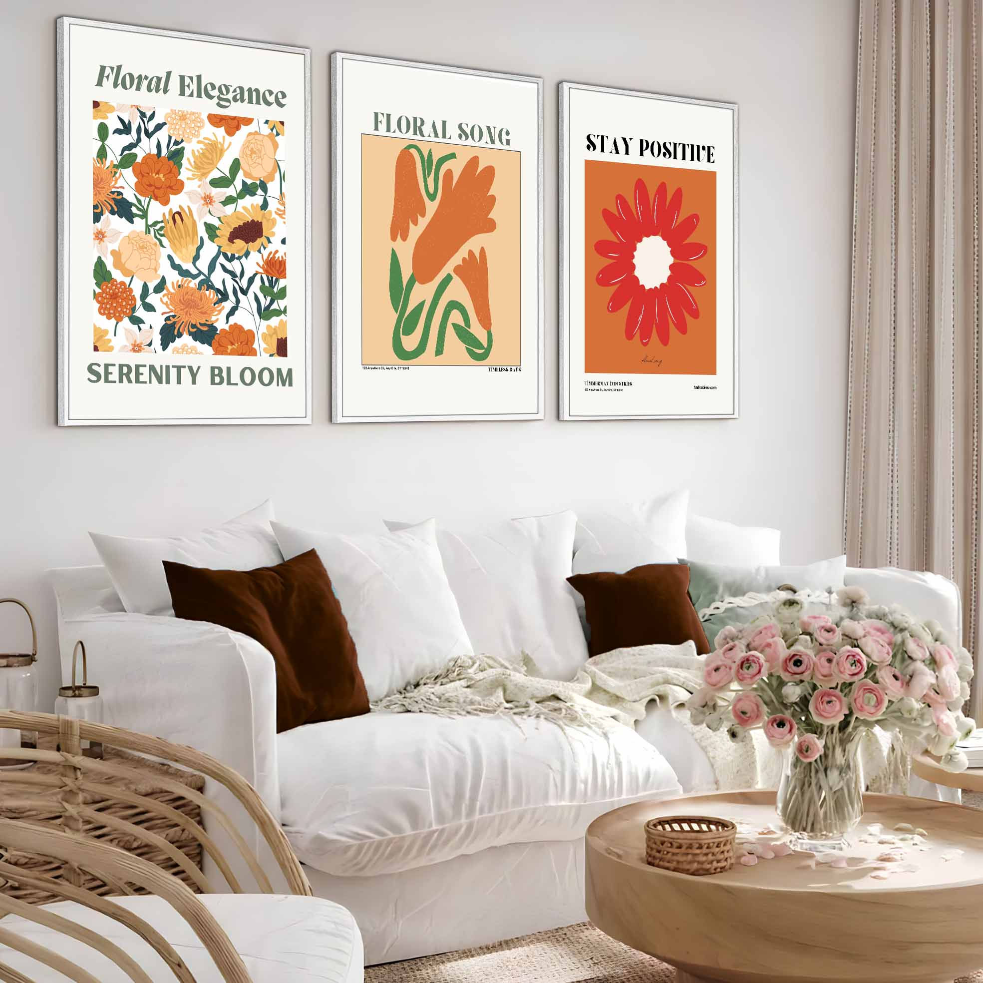 TURUNCU TONLAR BOHEM ÇİÇEKLİ KOMBİN | 3LÜ DİKEY AHŞAP MDF TABLO