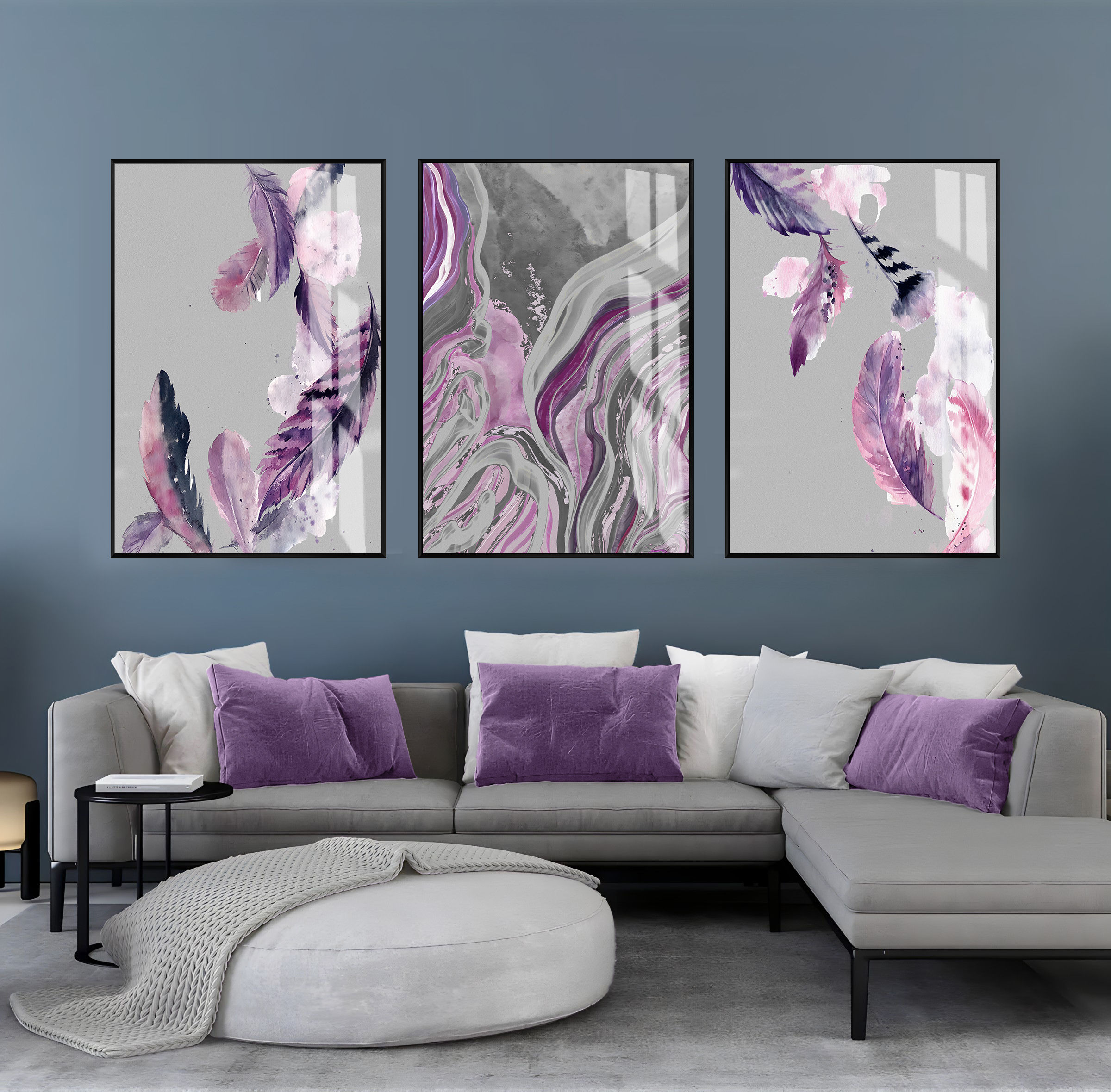 GRİ-MOR SOYUT TÜY KOMBİNİ | 3LÜ DİKEY CAM TABLO