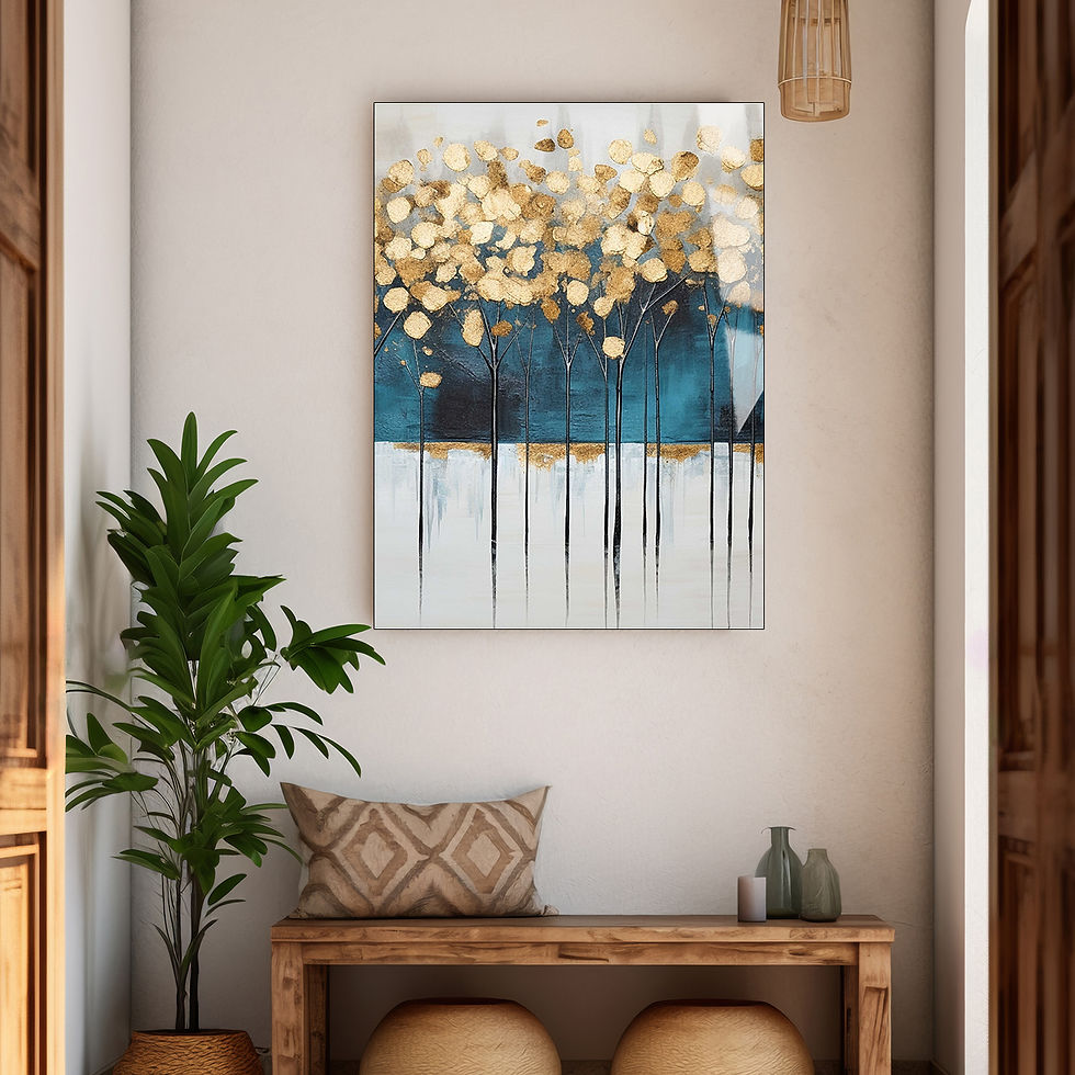 LACİVERT-GOLD SOYUT ÇİÇEK MODELİ | ÇERÇEVESİZ DİKEY CAM TABLO