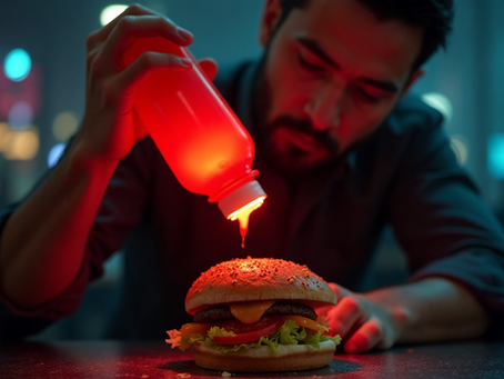 A man using ketchup on his burger.
