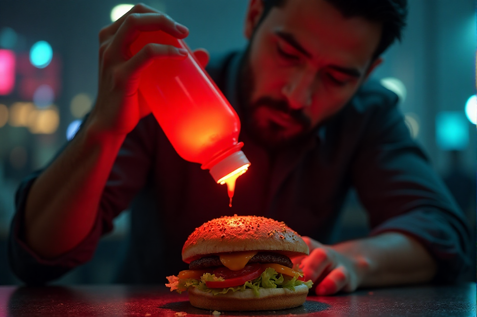 A man using ketchup on his burger.