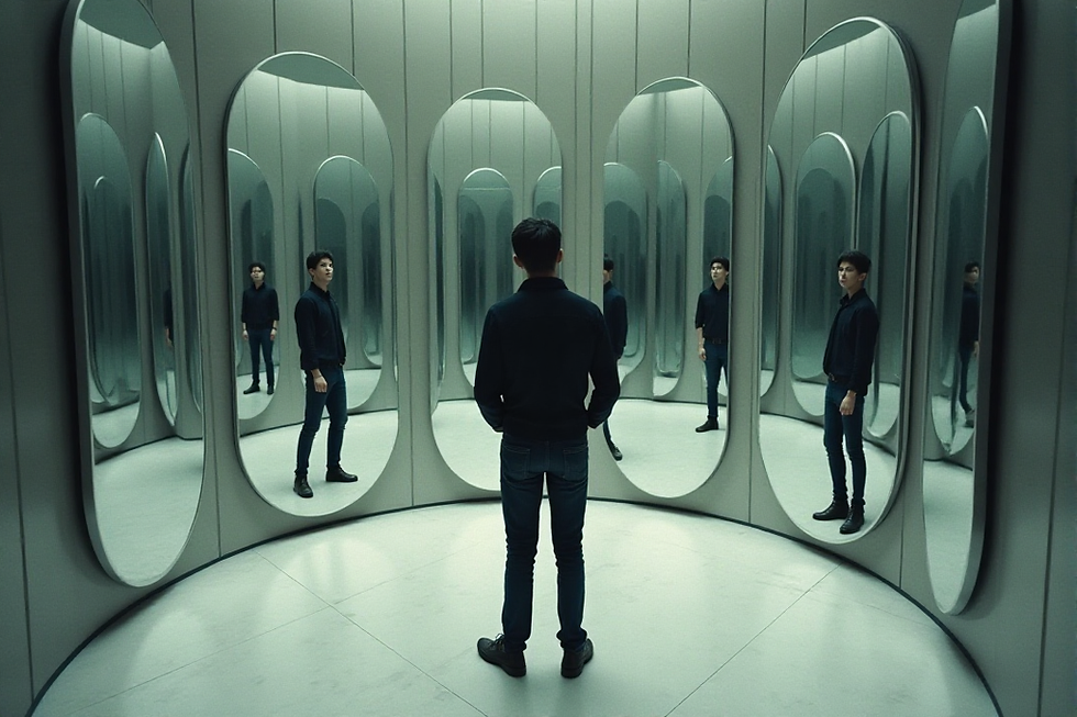 A man looking into different perspectives of his mirror reflections.