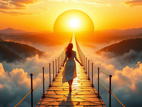 A woman walking across a bridge in the sky towards the sunrise.