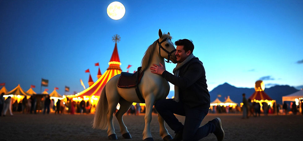 A man hugging a mini-horse at a festival.