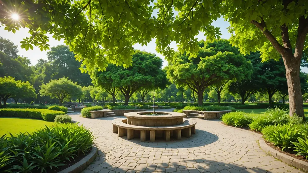 Wide angle view of a peaceful outdoor study area with lush trees