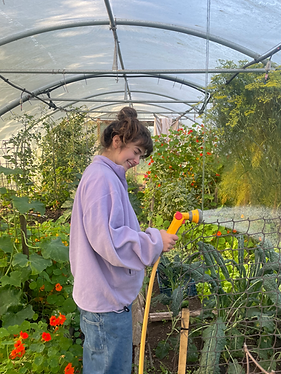abi in her happy place watering kale in the polytunnel