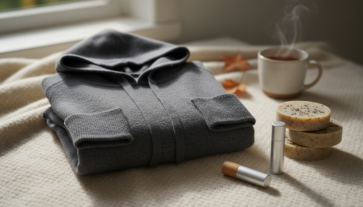 Eye-level view of a folded hoodie beside artisan soaps and lip balm