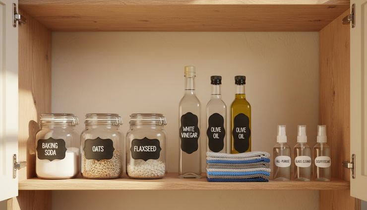 Wide-angle view of a labeled home supply shelf with simple swap ingredients.