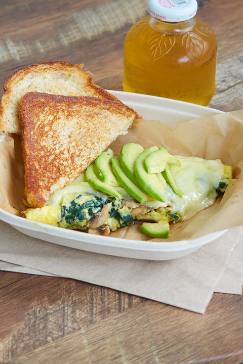 omelette with avocado, mushrooms, spinach and provolone cheese