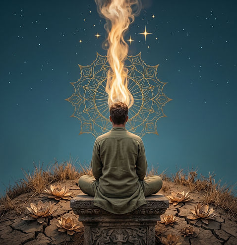 Person meditating beneath a glowing spiritual symbol representing consciousness, self-awareness, healing, and spiritual awakening