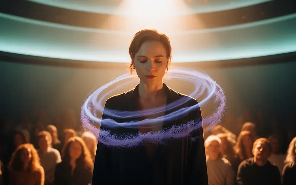 HYPNOSE DU MUSICIEN : artiste sur scène sous un spotlight doré, énergie émotionnelle bleu-violet en spirale autour du visage et du torse, halo concentrique discret, public flou en bokeh, ambiance nocturne cinématographique 16:9 sans texte