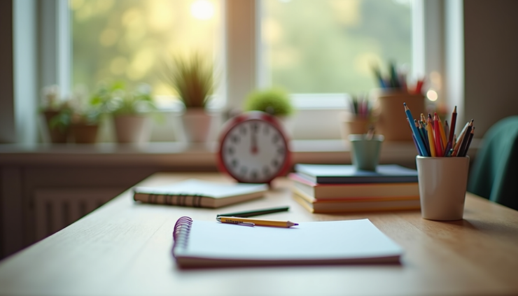 Eye-level view of a child’s organized study desk with books and a clock