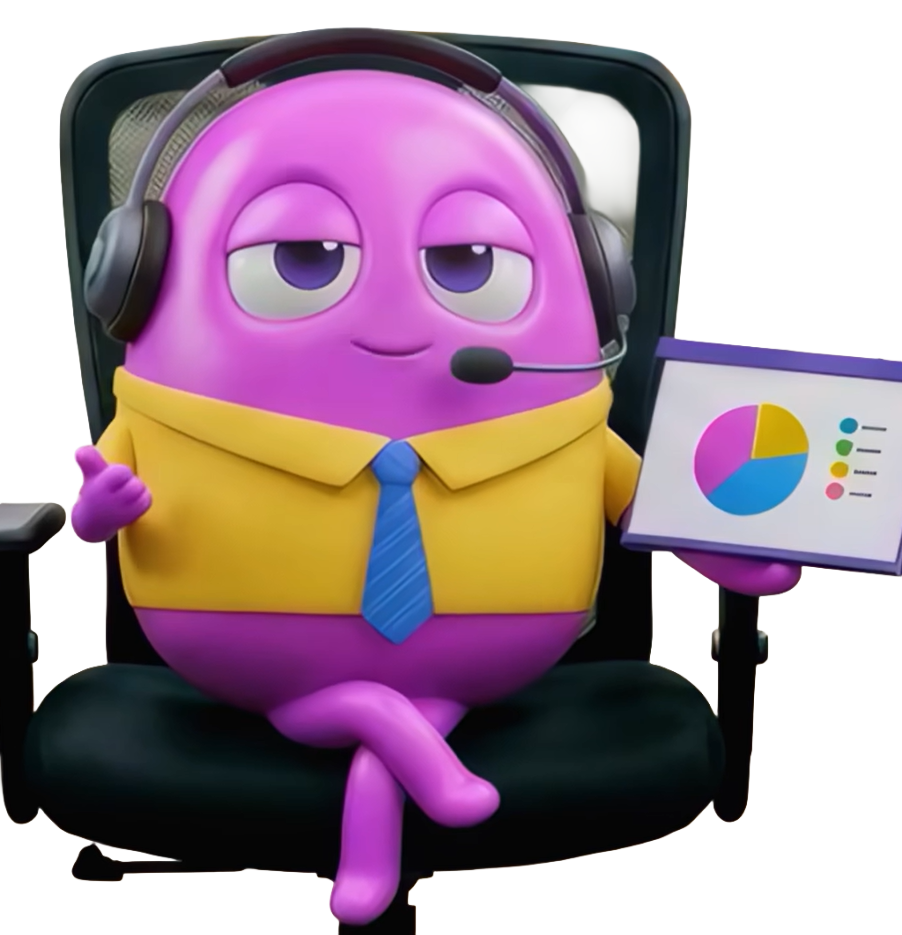 AI agent sat in office chair holding pie chart in hands