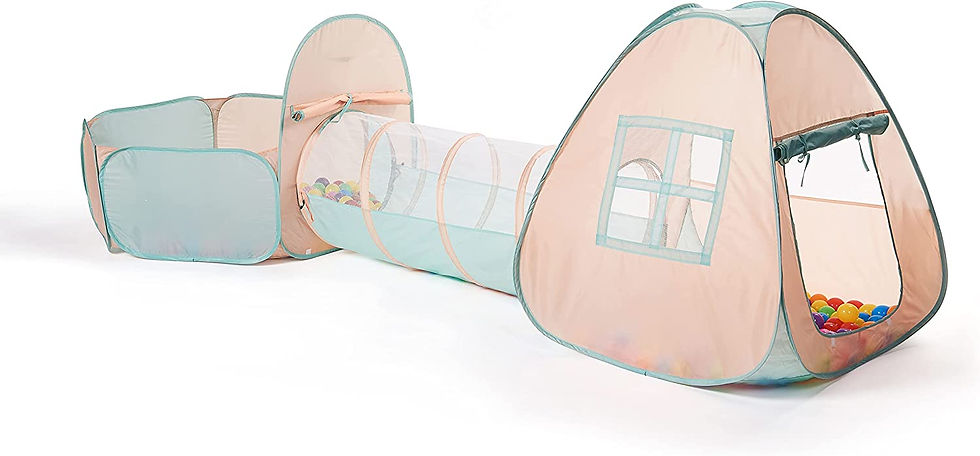 A peach and mint green pop up play tent filled with balls and connected to a tunnel and ball pit.