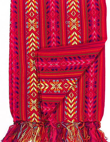A red and yellow rebozo blanket with frills on the end.