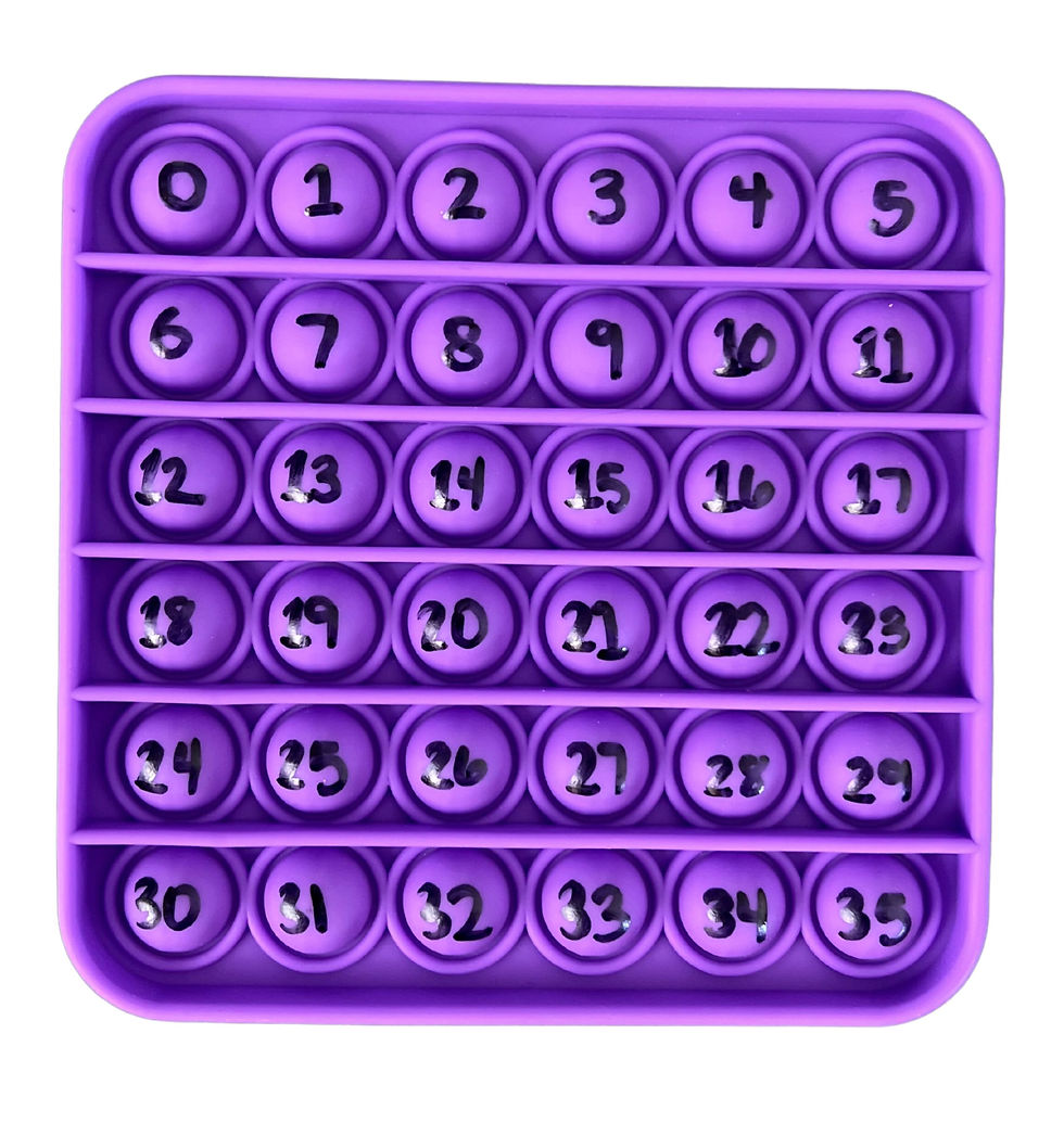 A purple pop it with the numbers 0 through 35 each written on one of the bubbles.