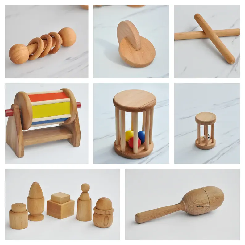 Assorted small wooden montessori toys with rainbow colors.