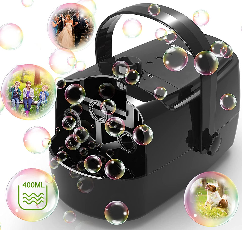 A black bubble machine blowing bubbles that show fun things you can use the bubbles for.