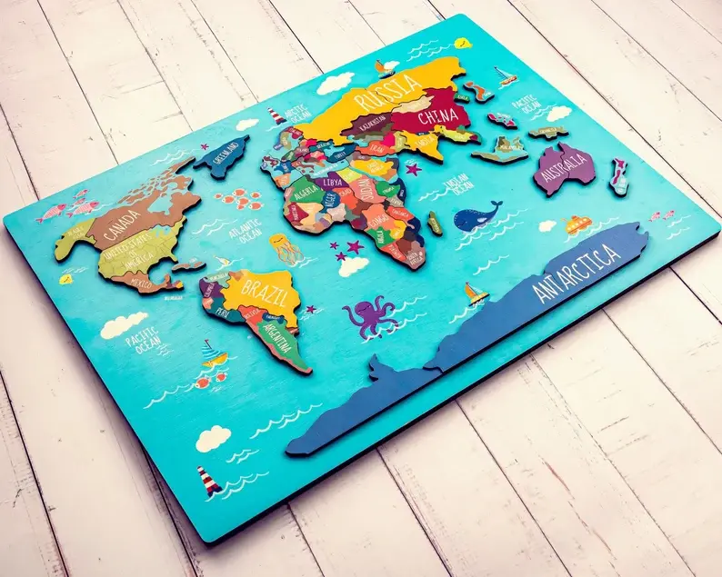 A colorful world map puzzle with labeled countries.