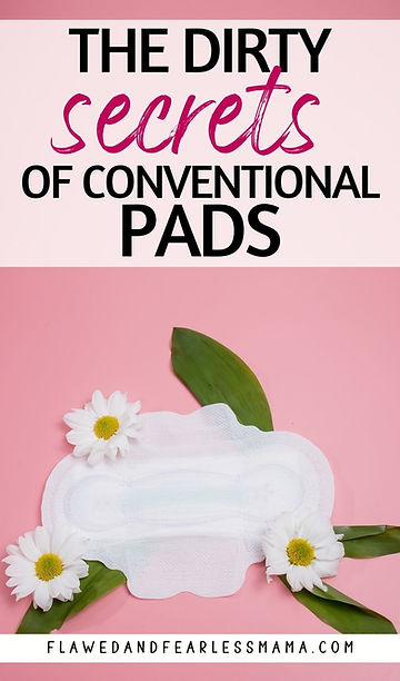 A white menstrual pad with daisies around it on a pink table with the words "The dirty secrets of conventional pads".