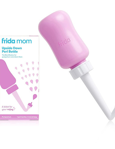 A frida mom upside down peri bottle next to its packaging.