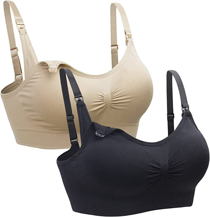 Two pregnancy nursing and pumping bras - one in nude and one in black.