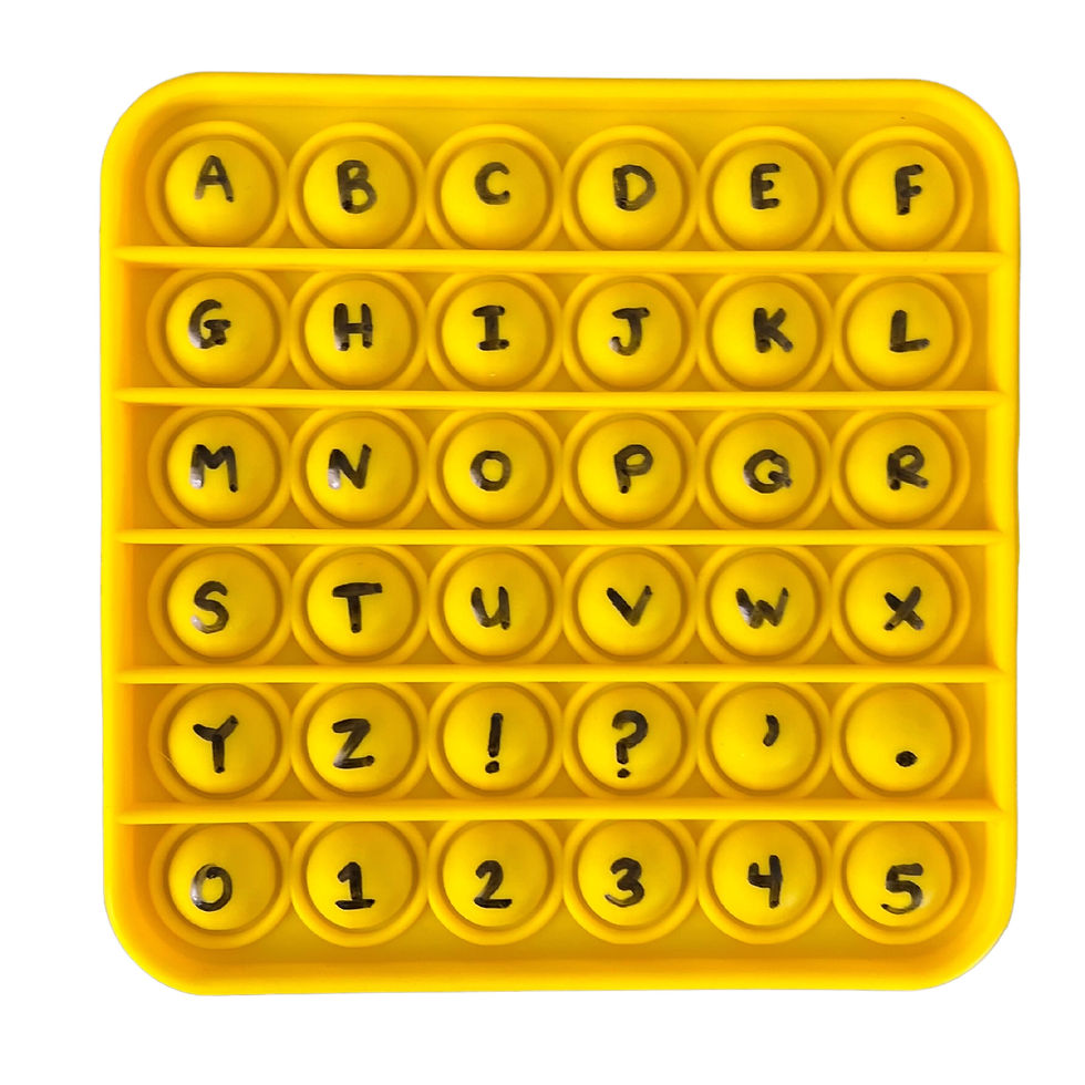 A yellow pop it with one letter of the alphabet written on each bubble.