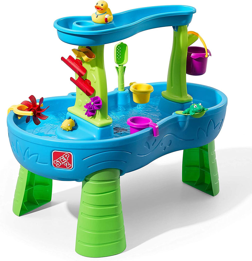 A blue and green water table with ducks, frogs, and water toys.