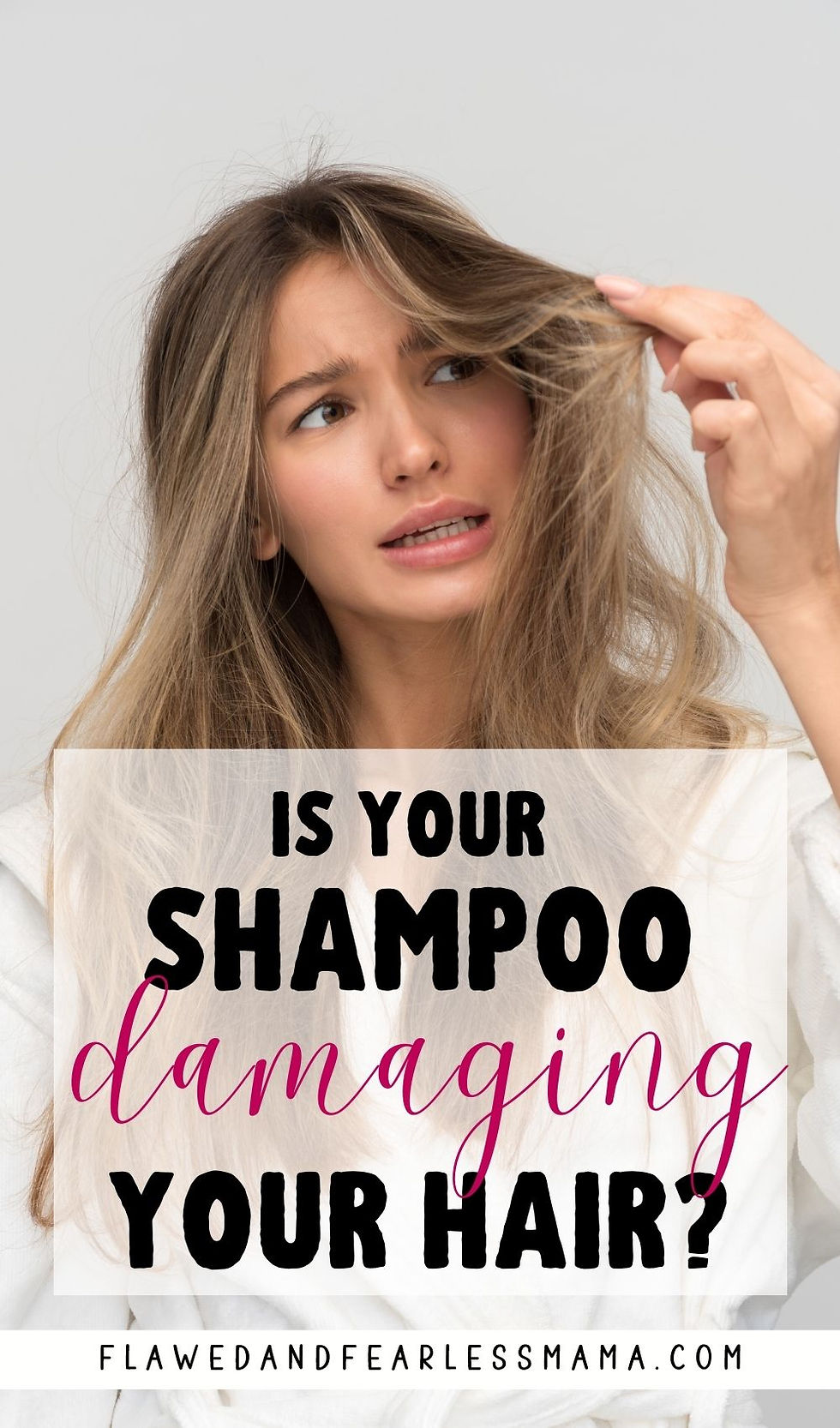 A woman grimacing and looking at her hair with the words "is your shampoo damaging your hair?"