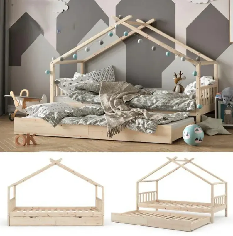 A child's bedroom with a pull out wooden floor bed, blue ball, and toy airplane.