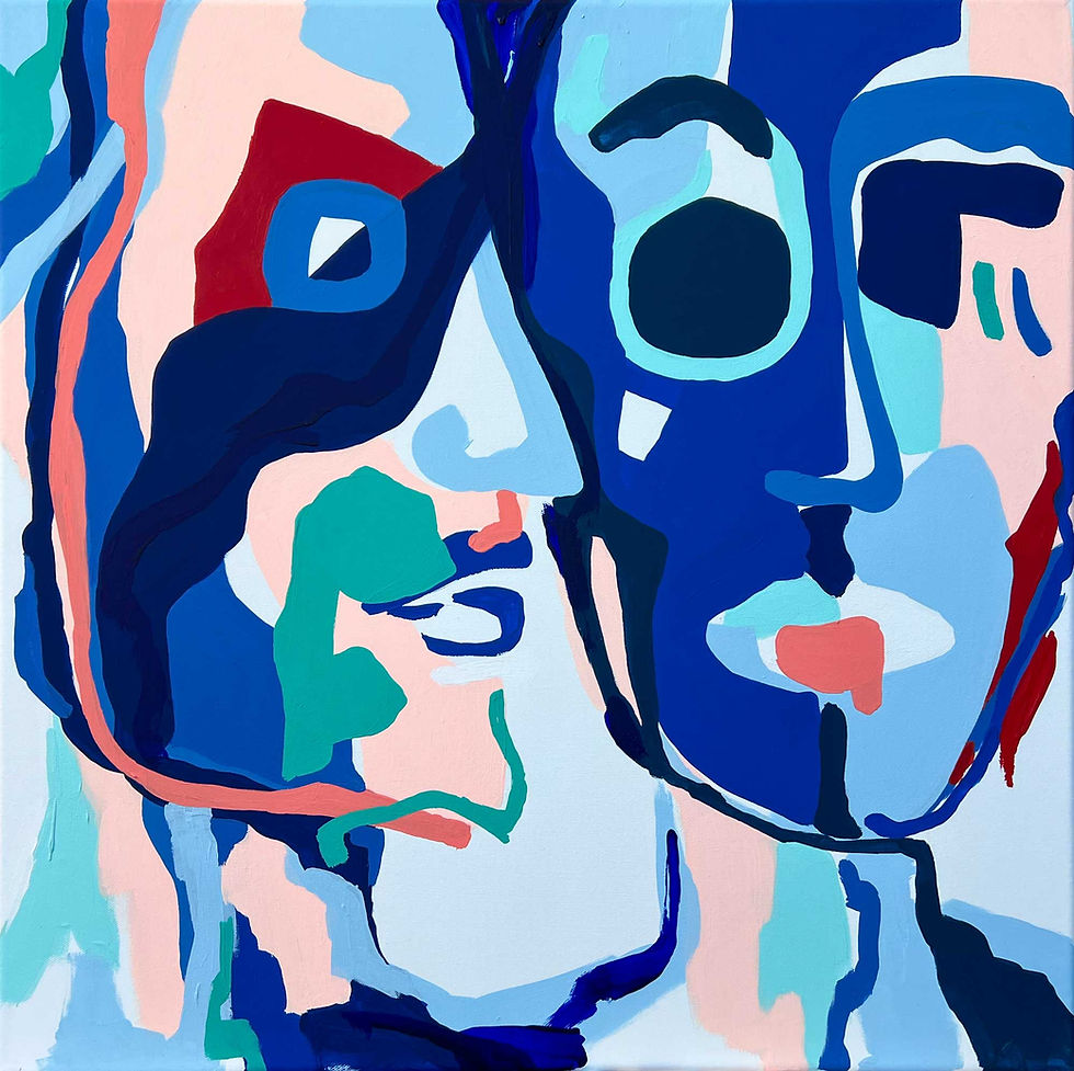 Abstraktes Porträt zwei Gesichter in Blau- und Apricot spannungsgeladenes Acryl Gemälde der Serie DIALOG von Karin Döring