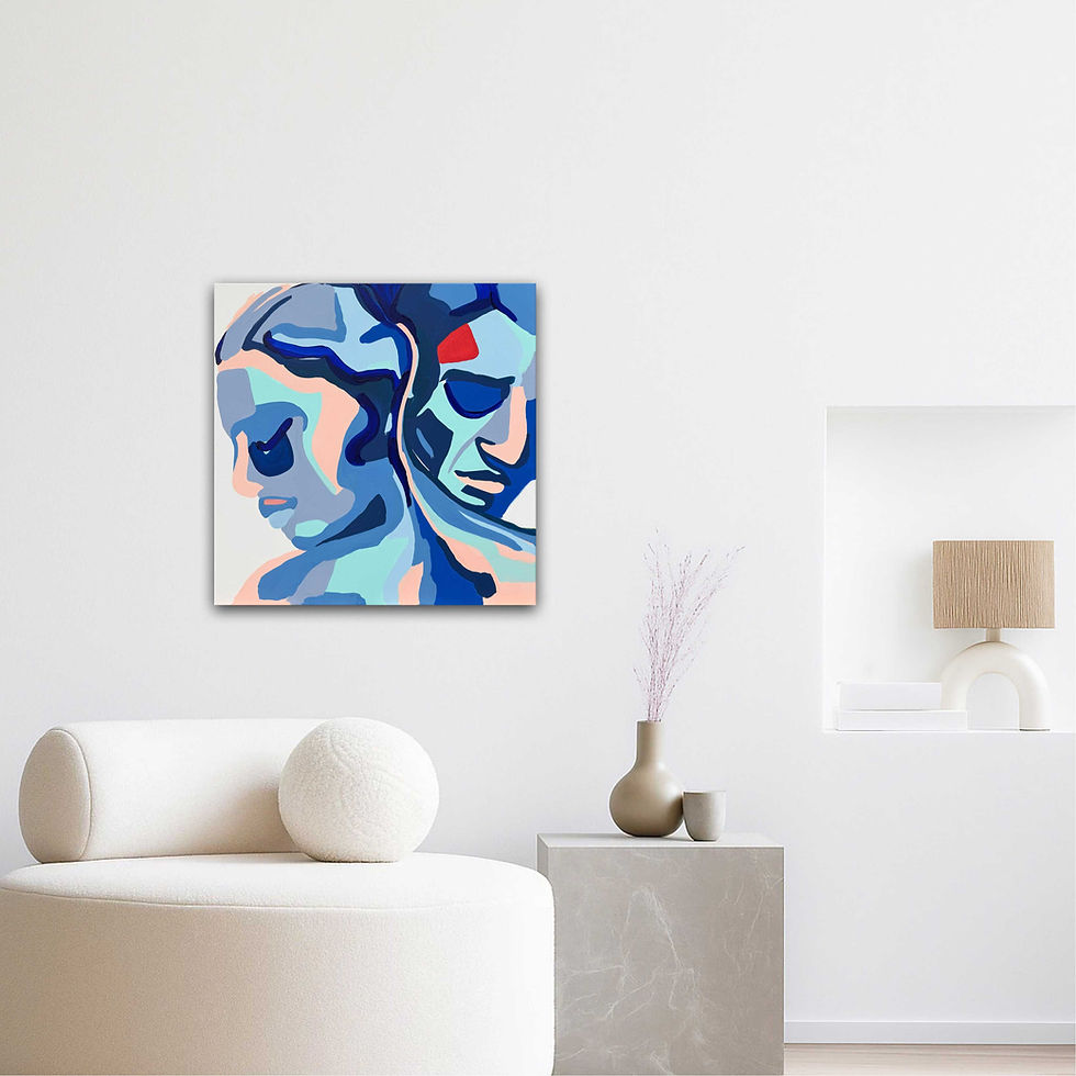 Abstraktes Porträt in Blau und Apricot, zwei Gesichter mit Blick in unterschiedliche Richtungen, Gemälde FERNWEH Karin