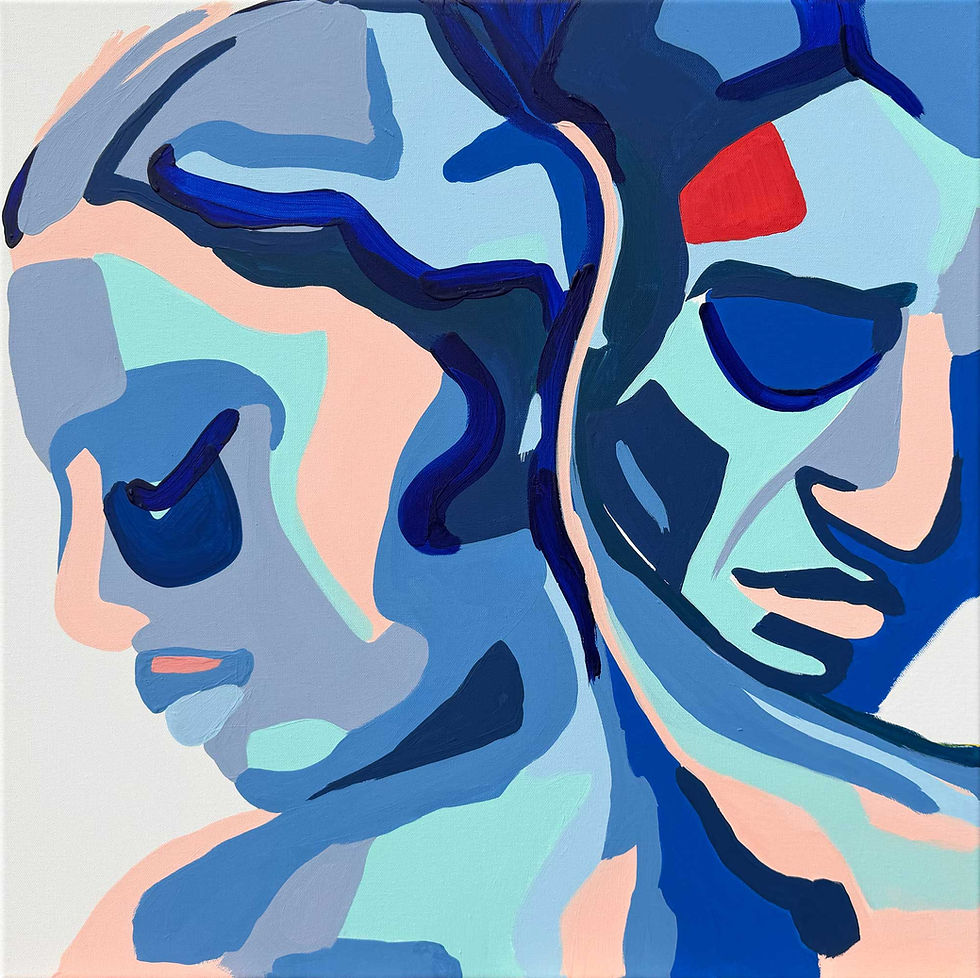 Abstraktes Porträt in Blau und Apricot, zwei Gesichter mit Blick in unterschiedliche Richtungen, Gemälde FERNWEH Karin