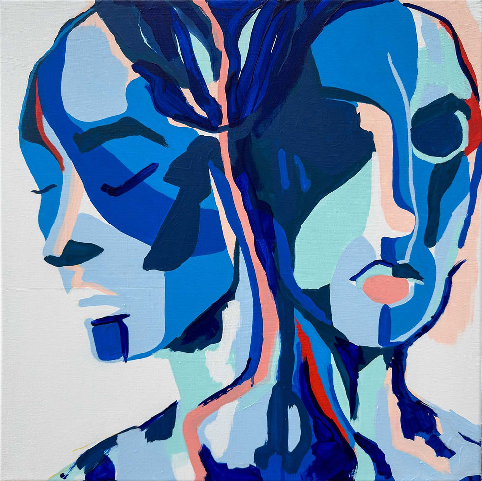 Abstraktes Porträt in Blau und Apricot, zwei verbundene Gesichter im Dialog, Acryl Gemälde VERBUNDENHEIT von Karin Döring