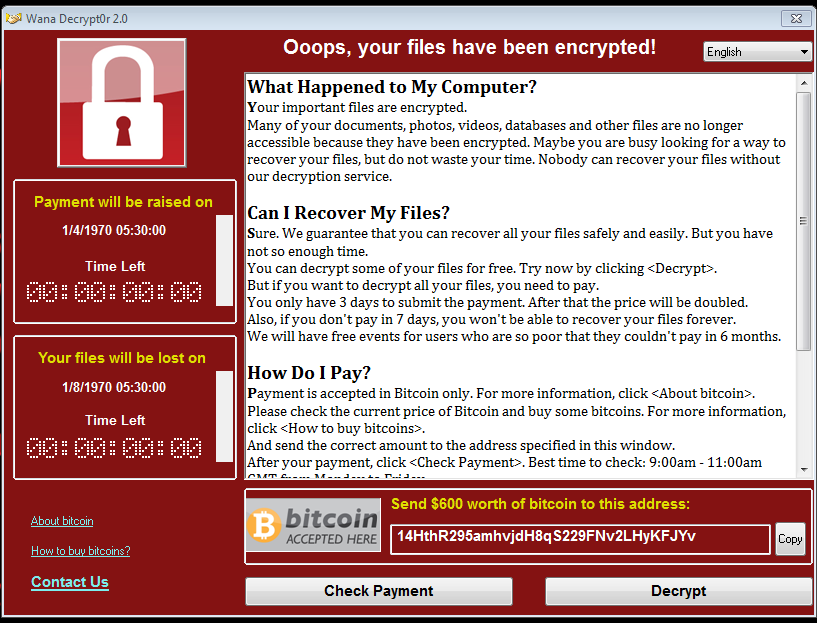 Fig 1 Encryption Message of Wana Decryptor