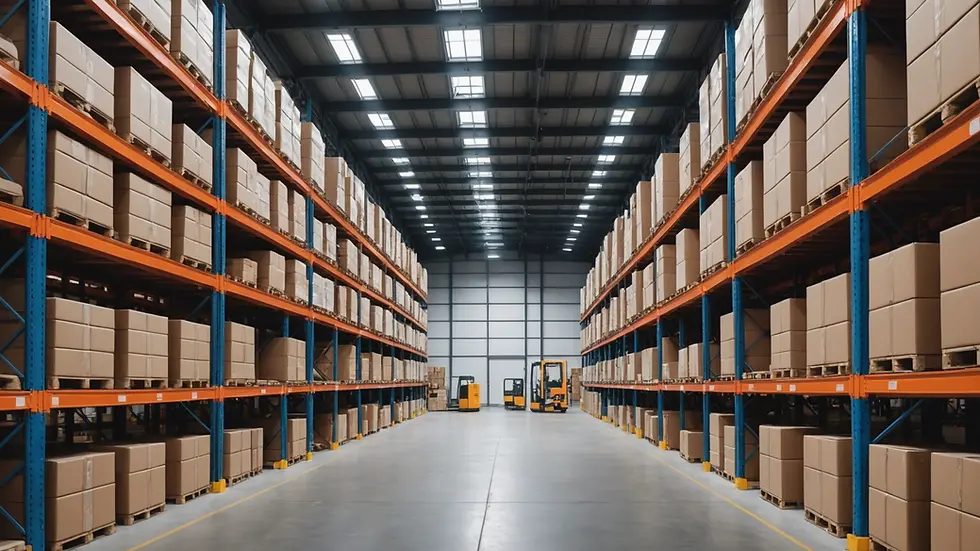 Eye-level view of a modern automated warehouse with organized shelves