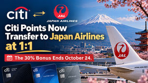 Citi Points Now Transfer to Japan Airlines at 1:1. The 30% Bonus Ends October 24.