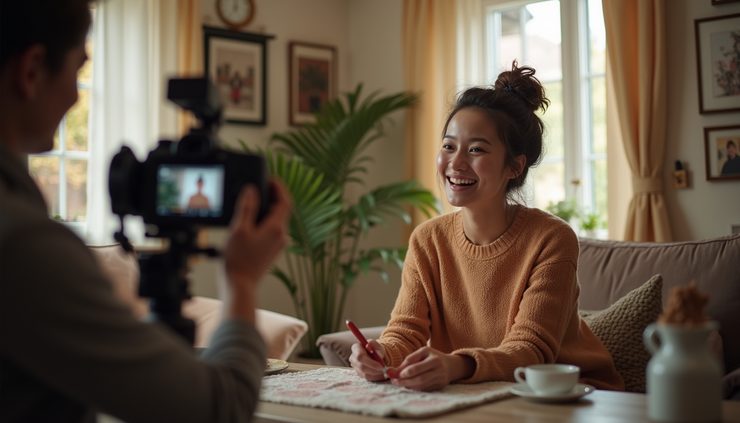 Eye-level view of a content creator filming a product review in a cozy home setting
