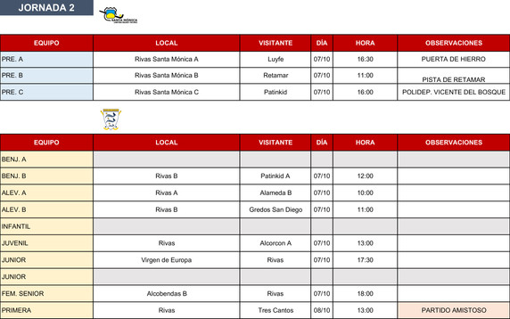 2ª Jornada. Horarios de partidos