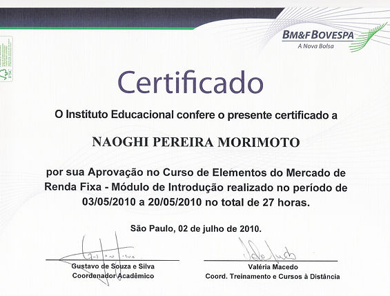 Certificado Introdução Renda Fixa BMF