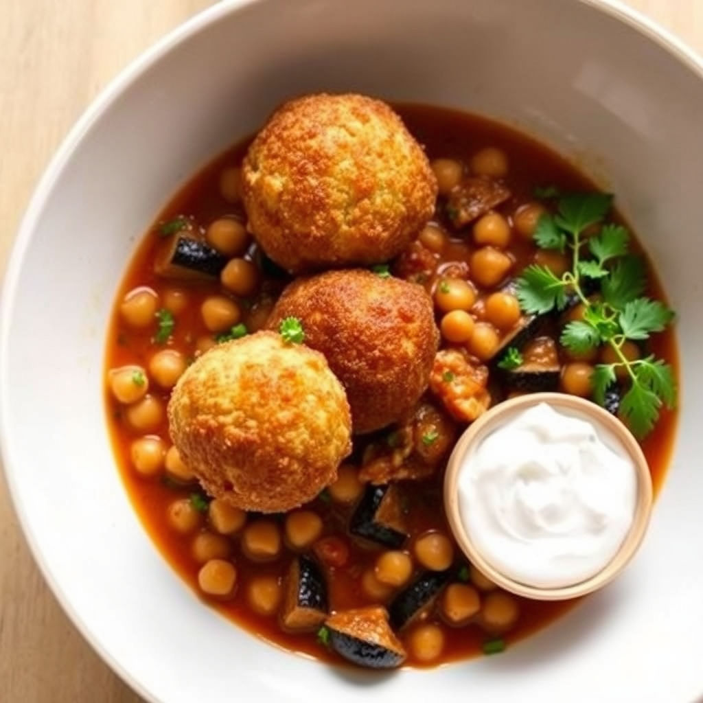 Falafel, braised eggplant and chickpea, sudachi soy yoghurt dressing