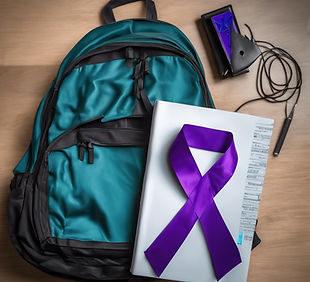Teal and purple awareness ribbon on top of a black backpack. With textbooks next to the b