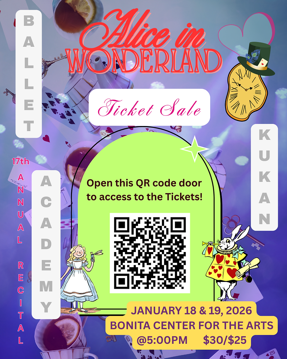 A dynamic, purple and green flyer with Alice in Wonderland elements surrounding a QR code link to purchase tickets to Ballet Kukan Academy's annual production.