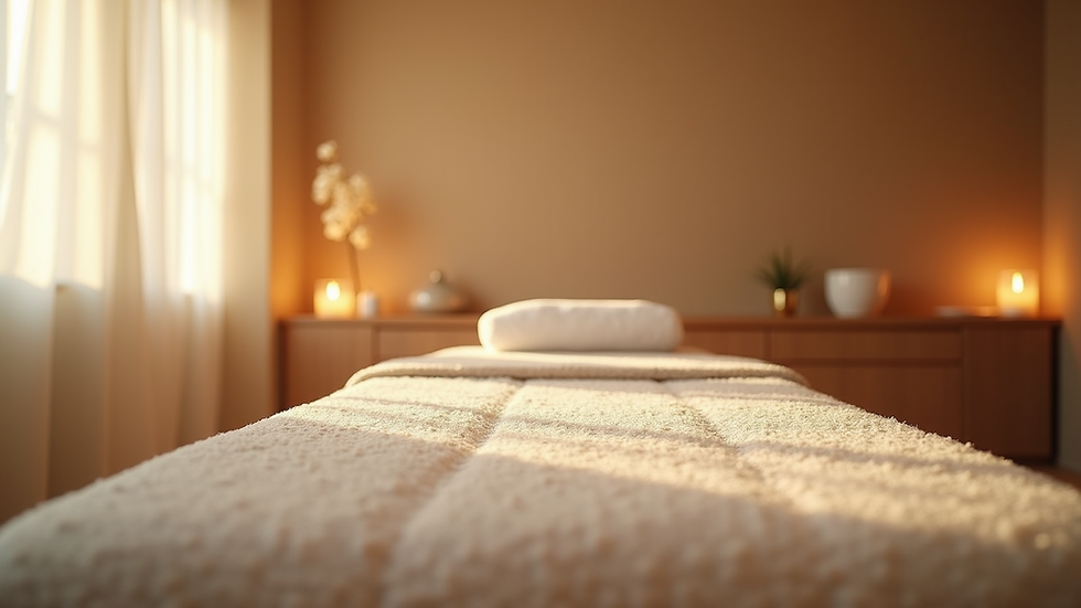 Eye-level view of a serene spa room with soft lighting and a massage table