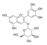 A Myrtillin molecule, also known as delphinidin-3-glucoside. A compound containing 3 benzene derrivatives, one cyclic part with 5 carbon and one oxygen atom, a lot of OH-groups and one positively charged oxygen atom.