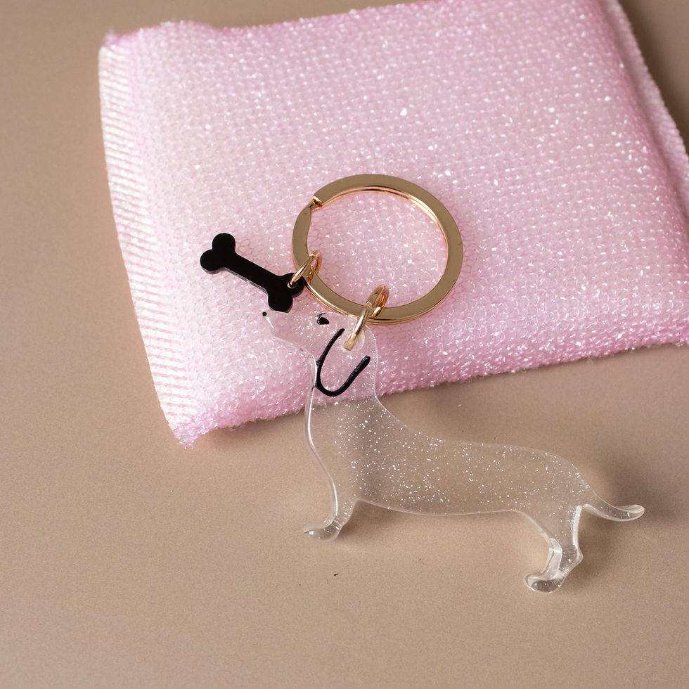 Miniaturbild: Taschen- oder Schlüsselanhänger bunte Dackel mit Knochen und Schlüsselring