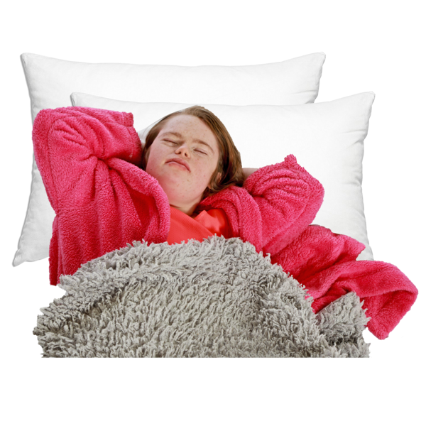 Sleeping child in a bright pink robe, reclining under a gray blanket on white pillows, looking cozy and peaceful.