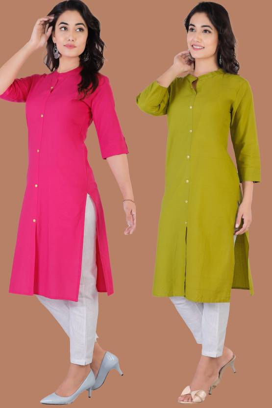 Thumbnail: 4-Multi Cotton Slub Kurti For Women Combo Pack