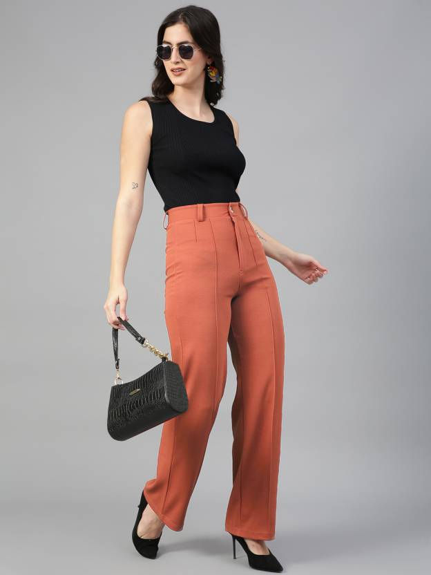 Thumbnail: Women Polyester Solid Orange Trousers