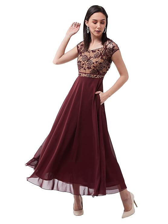 Thumbnail: Women’s Lavender & Wine V-Neck Cap Sleeve Floral Lace Fit and Flare Maxi Dress